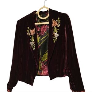Elegant Burgundy Velvet Jacket With Floral Raised Design